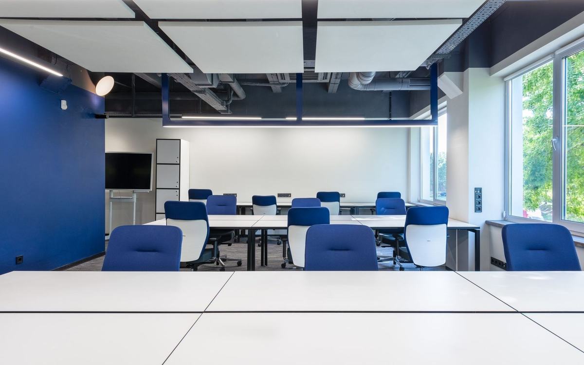Open plan office with contract carpet tile flooring
